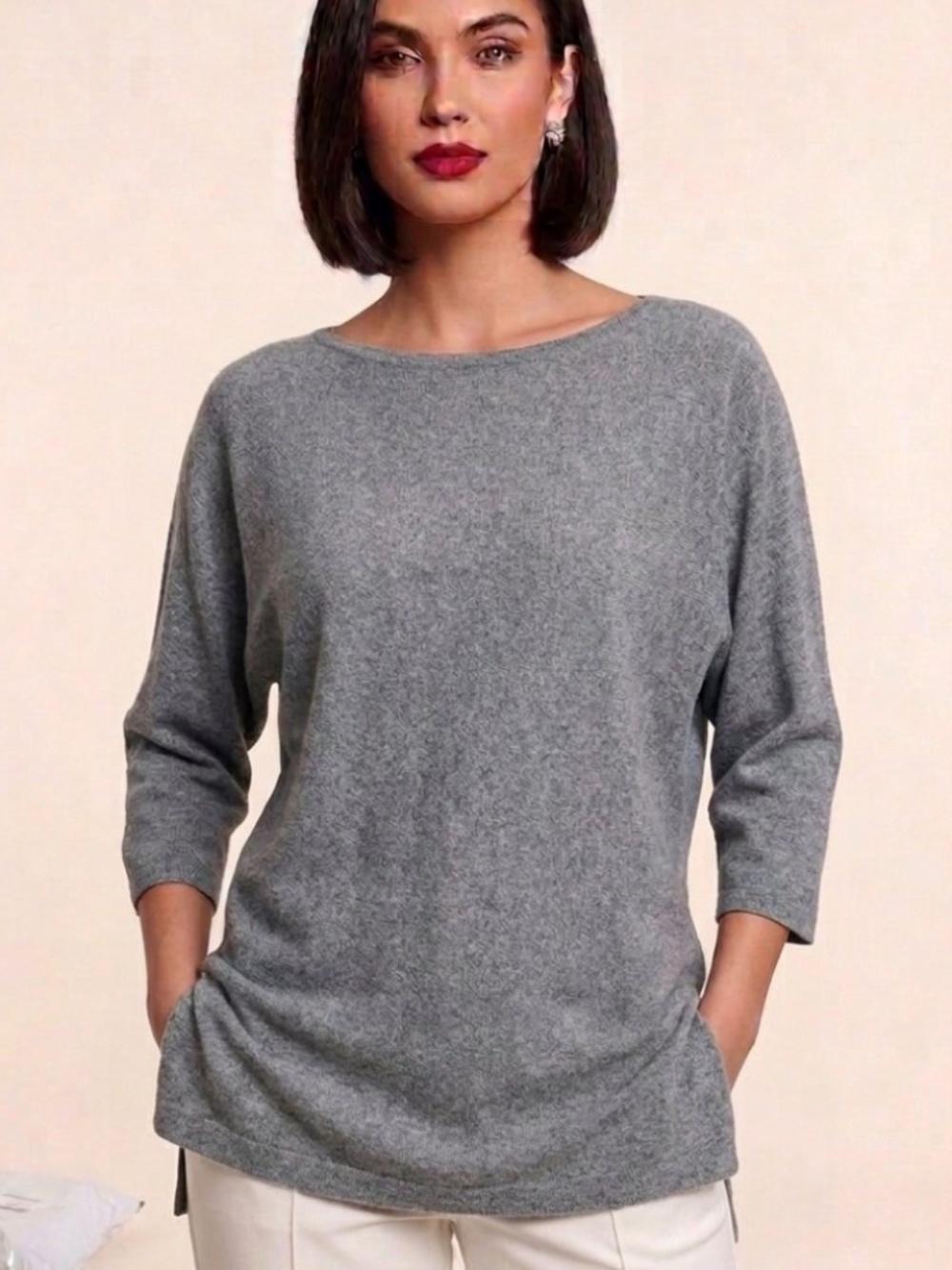 Isaac Mizrahi 100% Cashmere Batwing Tunic Sweater Grey Heather